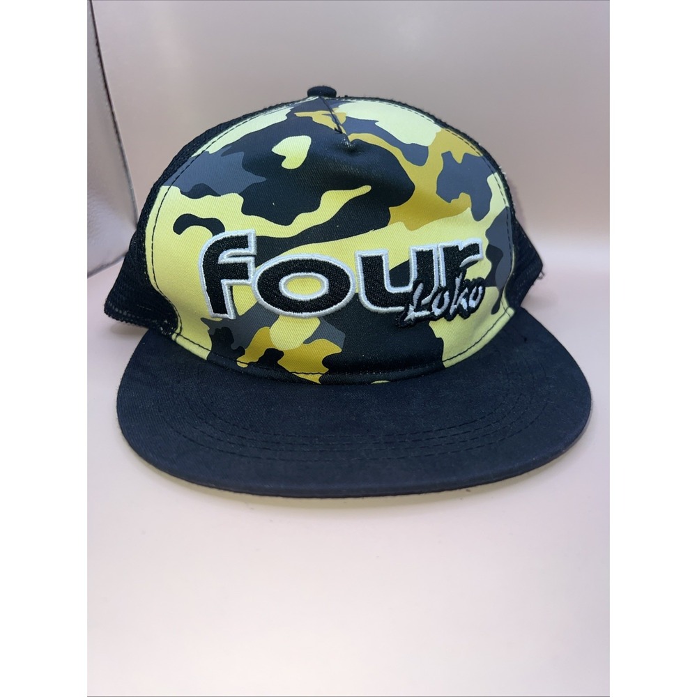 FOUR LOKO Yellow Black Camo Mesh Cap Hat Caffeine Alcohol Drink Y2K Embroidered